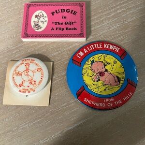 Vintage Kewpie 2 pins & A Pudgie in “The Gift” a flip book.